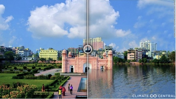 지구 기온이 섭씨 3도 상승시 방글라데시 다카의 모습을 시뮬레이션한 이미지.  사진=클라이밋 센트럴 제공