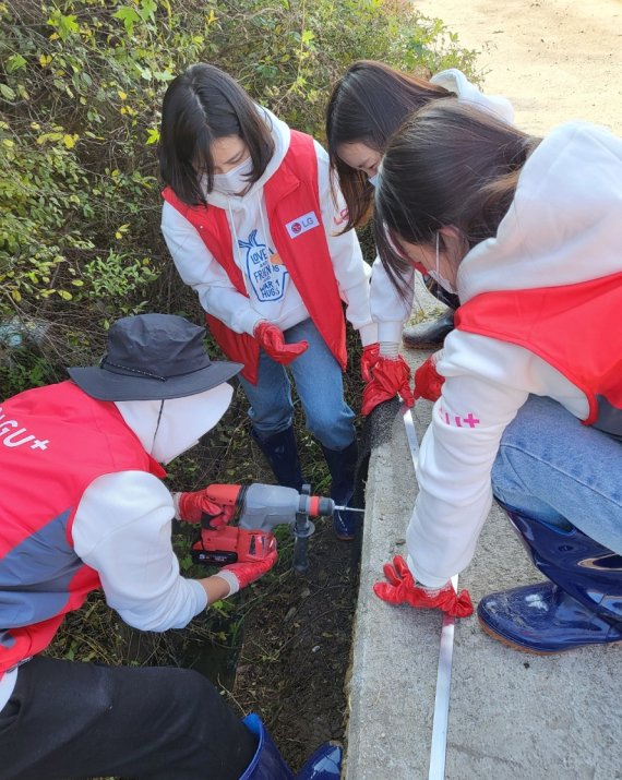 LG유플러스가 환경운동연합과 농수로에 빠진 멸종 위기종 양서류가 스스로 탈출할 수 있도록 사다리를 만들어 설치했다. 사진=LG유플러스