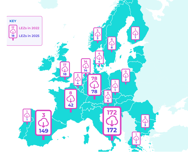  유럽 내에서 2022년부터 2025년 사이 늘어날 LEZ 구역. 자료=클린 시티스 '유럽 제로배출 지역 개발 동향' 보고서