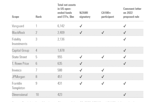 모닝스타가 자체 조사를 통해 운용자산 규모를 기준으로 선정한 미국의 10대 자산운용사와 기후 관련 활동 상황. 인베스코와 JP모건은 SEC의 기후공시 초안에 대한 서면 의견서를 제출하지 않은 것으로 조사됐다.