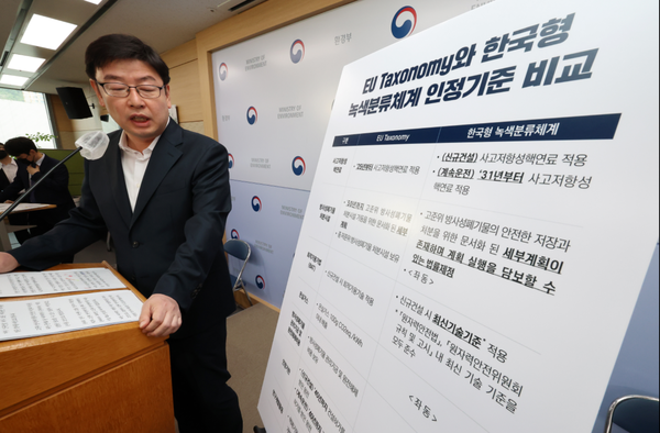 조현수 환경부 녹색전환정책과장이 20일 오전 세종시 정부세종청사에서 원자력 발전을 한국형 녹색분류 체계에 포함하기 위해 ▲원자력 핵심기술 연구·개발·실증 ▲원전 신규 건설 ▲원전 계속 운전 등 3가지로 구성된 원전 경제활동 부분에 대한 초안을 발표하고 있다.  사진=연합뉴스