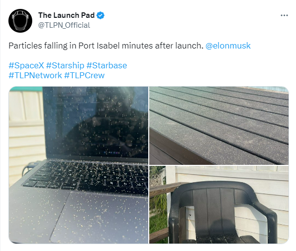 트위터에 올라온 스타십 발사 직후 포트 이사벨에 떨어진 분진이 노트북과 의자 등에 쌓여있는 모습. 