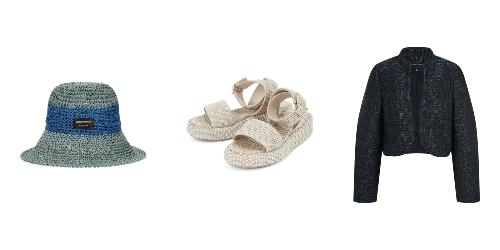 왼쪽부터 엠포리오 아르마니 스트로 모자와 샌들, 바나나리퍼블릭 크롭 라피아 트위트 재킷. 사진=신세계인터내셔날 제공