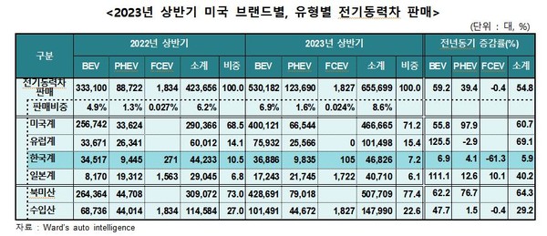 2023년 상반기 미국 브랜드별·유형별 전기동력차 판매 동향. 사진=연합뉴스(KAMA 제공)