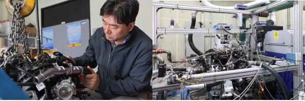 한국기계연구원 모빌리티동력연구실 최영 책임연구원이 수소엔진을 점검하는 모습과 수소엔진 개발 시험 현장. 사진=한국기계연구원 제공