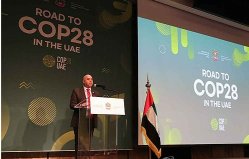 마지드 알 수와이디 COP28 사무총장이 10월 31일 서울 종로구 포시즌스호텔서울에서 열린 'Road to COP28 in the UAE' 행사에서 기조연설을 하고 있다. 연합=주한아랍에미리트대사관 제공. 
