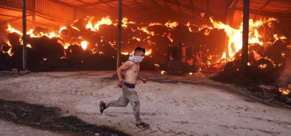 코와 입을 가린 한 남성이 지난 8월 26일 산불이 난 그리스 중부 세스클로 지역의 한 농장을 달리고 있다.  (사진, 로이터-연합뉴스)