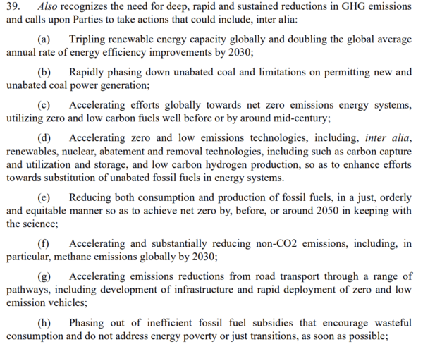 11일 발표된 COP28의 합의문 초안. 온실가스 감축을 위한 당사국의 8가지 실천사항이 나열돼 있다. (출처=UN 기후변화기구)