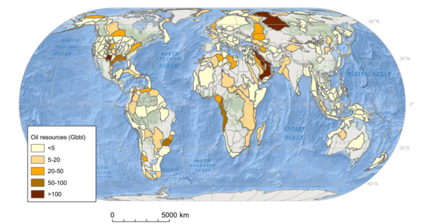 전 세계 석유매장량 지도. (단위: 기가배럴)  [자료: Nature Communications]