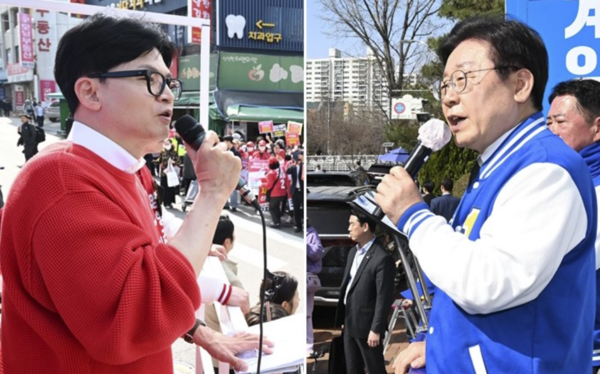 한동훈 국민의힘 비상대책위원장과 이재명 더불어민주당 대표가 4·10 국회의원 총선거 지지 유세를 하고 있다. 사진=연합뉴스 