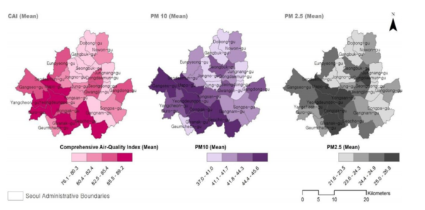 서울지역 자치구별 대기오염도 분포. 왼쪽부터 통합대기질 지수(CAI), 미세먼지(PM10), 초미세먼지(PM2.5). [자료: Asia-Pacifc Journal of Regional Science, 2024]