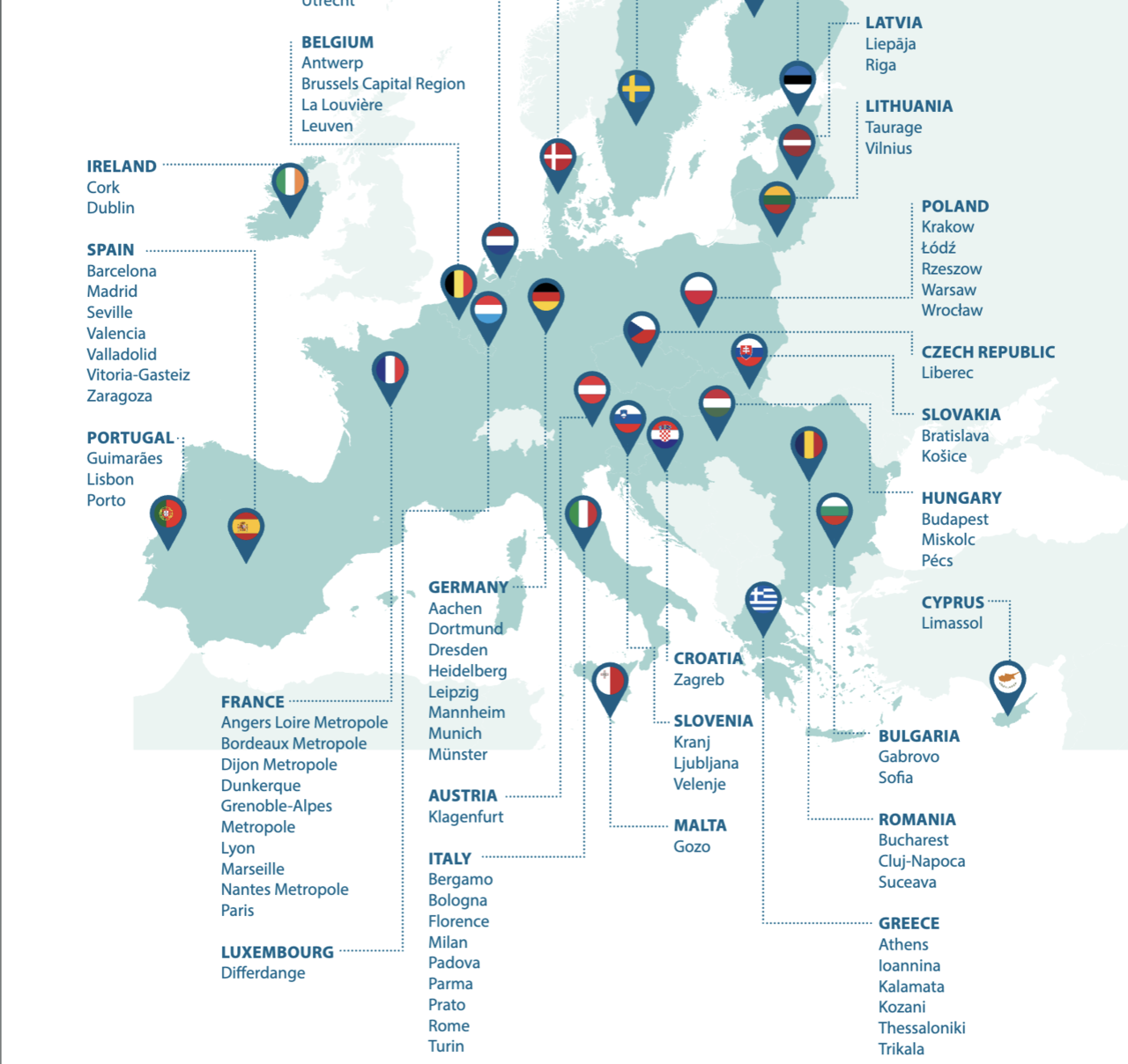 기후중립 스마트도시에 발탁된 112개 도시 중 유럽 지역 내 일부 도시들의 모습. 사진=EU 집행위원회 공식홈페이지