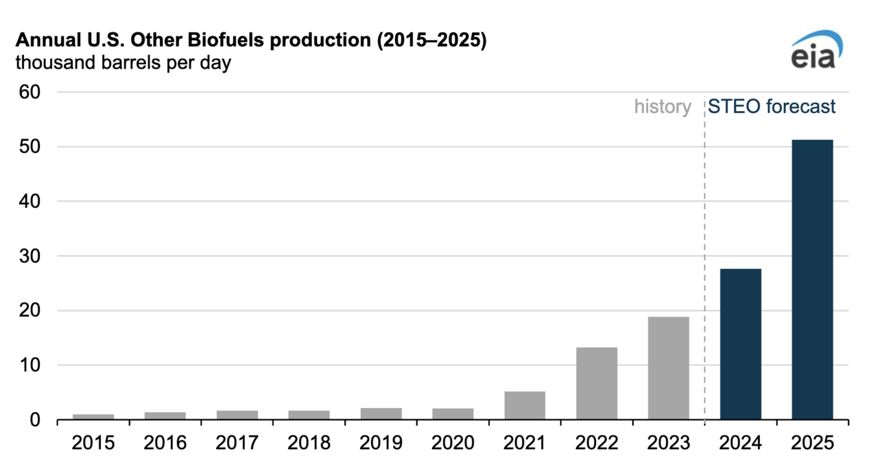 SAF를 포함한 기타 바이오 연료들의 연간 생산량을 나타낸 그래프. 사진=EIA