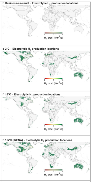시나리오별 2050년 수소 생산량 전망.  km2당 연간 수소 생산량(톤)을 표시한 것. 시나리오에 대한 설명은 본문 참조. [자료: Nature Communications, 2024]