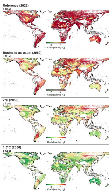 시나리오별 수소 생산 비용. 1kg의 수소를 생산하는 비용을 유로로 나타낸 것이다. 시나리오에 대해서는 본문 참조. 기온을 억제하고 수소생산을 더 많이 늘리려는 시나리오일수록 기술 개발 등으로 수소 생산 비용이 낮아진다. [자료: Nature Communications, 2024]