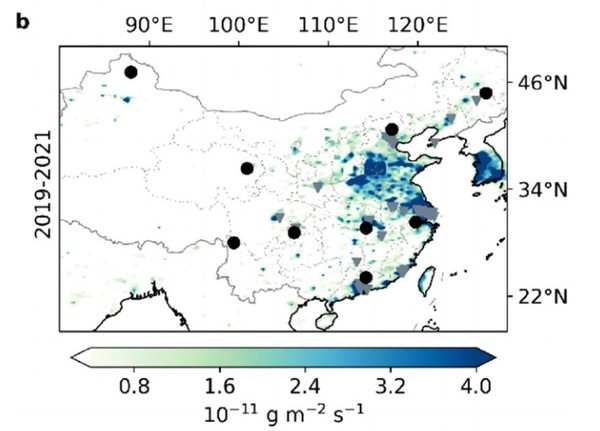 중국의 삼불화질소 배출 속도 지도. 한국의 배출량도 많음을 나타내고 있다. [자료: ES&T, 2024]