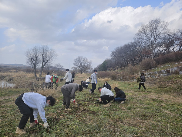 성남시는 지난해 12월 8일 탄천습지생태원에서 지역 내 정보 보안 기업인 ㈜안랩과 환경정화 활동을 벌였다.  사진=성남시