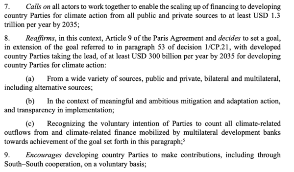새로운 기후재원 목표가 담긴 COP29 합의문 일부. New collective quantified goal on climate finance. Draft decision -/CMA.6. Proposal by the President.=UNFCCC