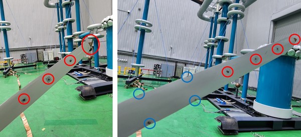 한국전기연구원 연구팀이 정극성 낙뢰 피해를 막기 위해 가장자리에 새롭게 설계한 수뢰부가 파란색 원으로 표시돼 있다. 사진=한국전기연구소