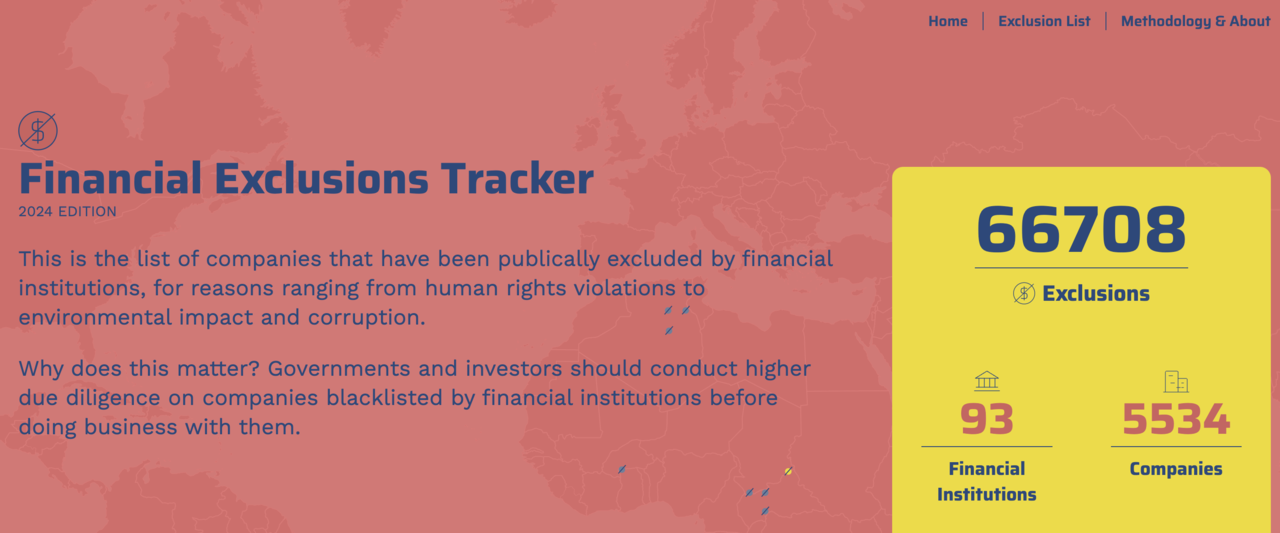 금융배제추적기가 분석한 2024 글로벌 금융기관들의 투자 배제 기업 현황. 사진=금융배제추적기(Financial Exclusion Tracker) 공식홈페이지