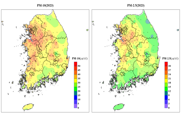 2023년 미세먼지(PM10)와 초미세먼지(PM2.5) 연평균 오염도 분포, [자료: 2023 대기환경연감]