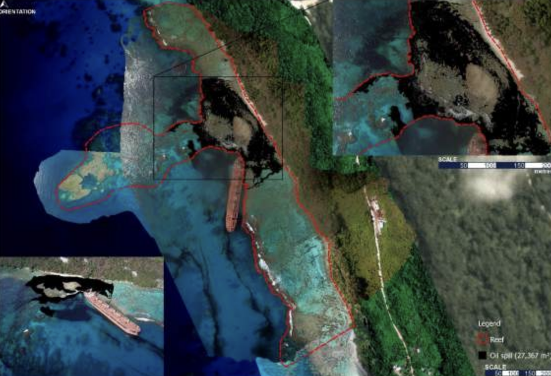 솔로몬군도에서 발생한 선박 좌초 및 기름 유출 사고 위성 사진(2019년 2월 22일자). 사진=도티 스트리트 챔버스 법률팀