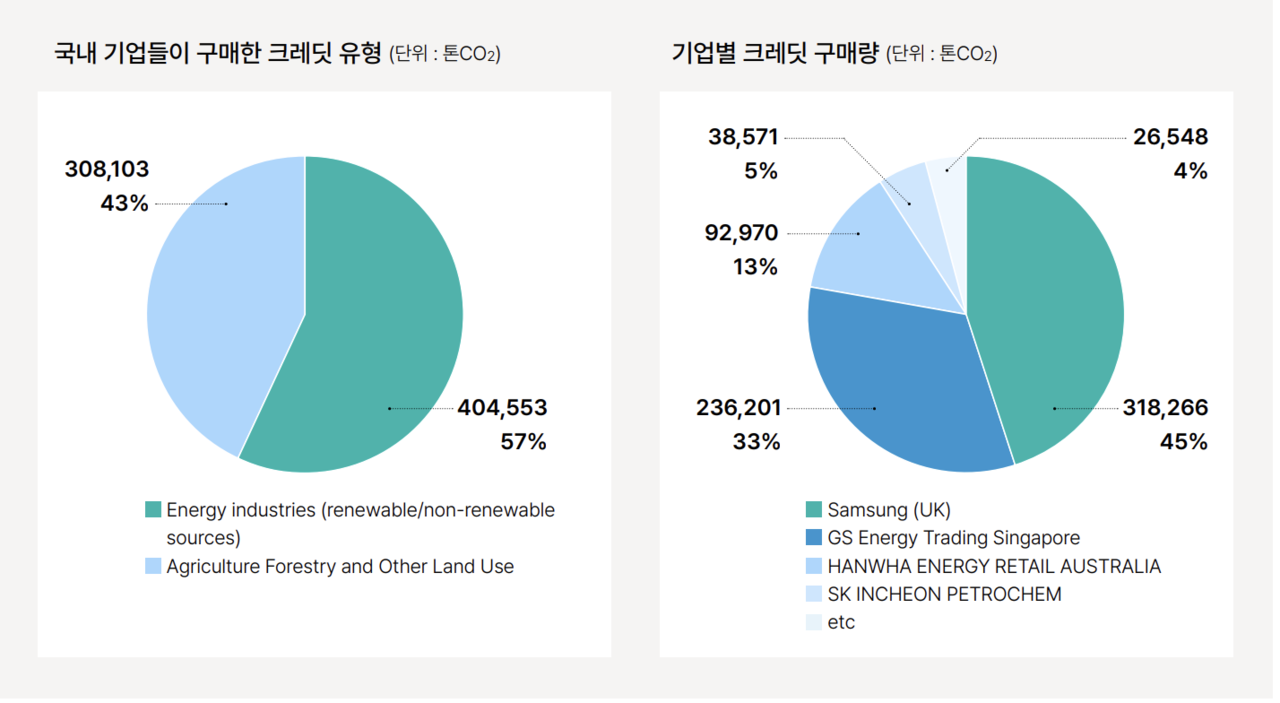 지난해 6월 기준 Verra에서 국내 기업들이 구매한 크레딧 구매량과 유형. 사진=플랜1.5