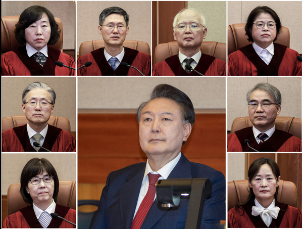 헌법재판소는 4일 오전 서울 종로구 헌법재판소에서 열린 윤석열 대통령 탄핵심판 선고에서 "윤석열을 파면한다"고 선고했다. 사진 윗줄 왼쪽부터 시계방향으로 헌법재판소 대심판정에 앉은 정계선, 문형배, 정형식, 김복형, 조한창, 정정미 헌법재판관, 윤 대통령, 이미선, 김형두 헌법재판관.    사진=연합뉴스