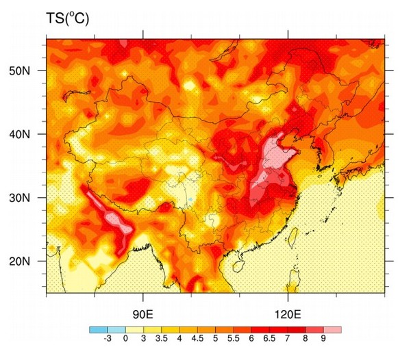 2071~2080년 기간 동안 1991~2000년 대비 여름철 평균 일 최고 지표 기온 변화.   중국 일부 지역에서는 5도 이상 상승할 것으로 전망된다. [자료: Atmosphere, 2023]