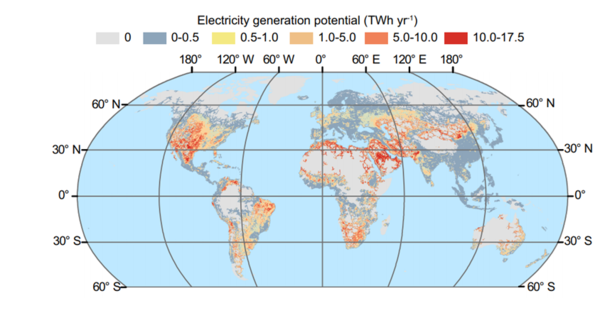 지역별 전력 생산 잠재력 (TWh/년).  격자별로 태양광과 풍력의 전력 생산 잠재력을 나타낸 것이다. [자료:  Nature Communications, 2025]