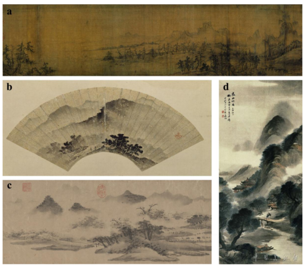 전통적인 매우(梅雨)를 주제로 한 중국의 옛 수묵화. (a) 〈연강첩장도(烟江叠嶂图)〉 — 송나라 시기인 약 1084년에 심왕(沈王)이 그린 작품. (b)〈산수도(山水图)〉 — 명나라(1368–1644) 시기의 송강(宋江)이 그린 작품. (c)〈서산우관도(西山雨观图)〉 — 명나라 시기인 약 1487년에 주신(周申*이 그린 작품. (d)하산연우(夏山烟雨)〉 — 청나라 시기인 약 1915년에 오청운(吴清云)이 그린 작품.  [자료: National Science Review, 2024]]