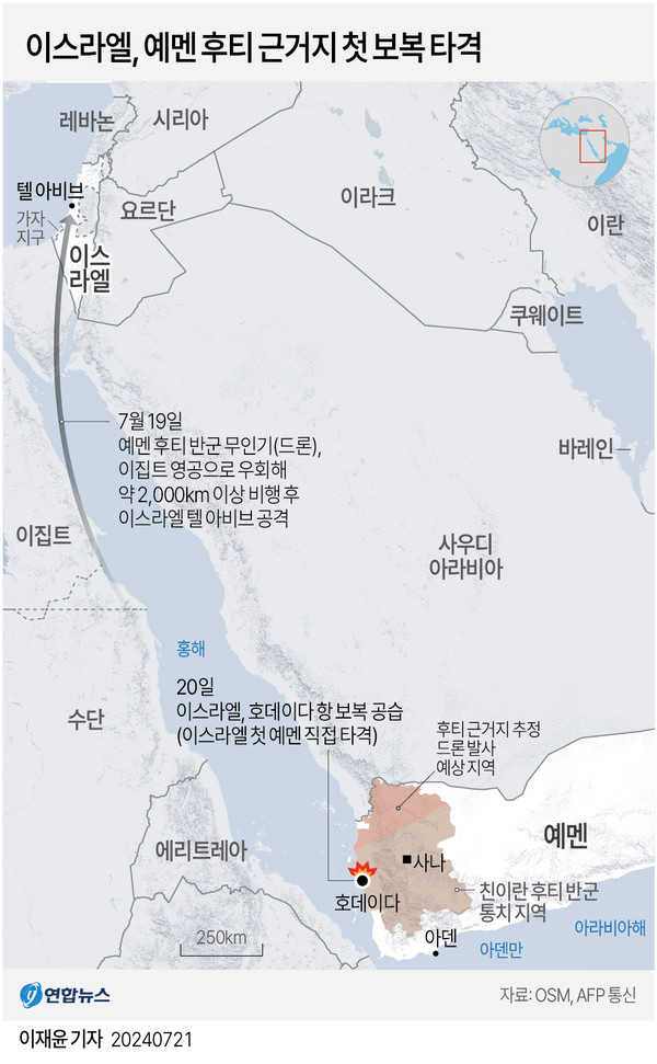 후티 반군은 이란을 미사일과 드론으로 공격하고, 이스라엘은 예멘을 폭격하고 있다. 미국은 지난 5월 도널드 트러프 대통령이 후티가 항복했다고 선언한 뒤 공격을 중단했다. 히의 공백 상황에서 후티 장악 지역의 앞바다인 홍해 입구 바브엘만데브 해협의 위기가 고조되고 있다. [그래픽=연합뉴스]