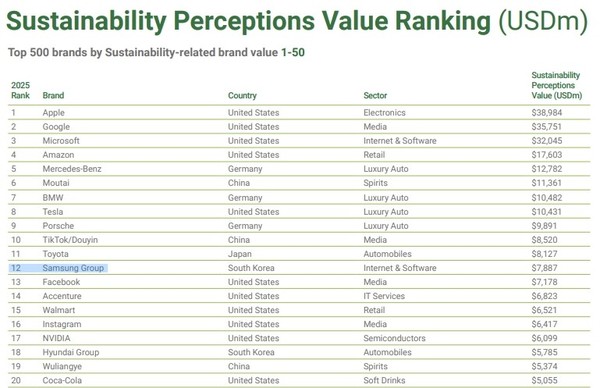 브랜드 파이낸스 '2025 지속 가능성 인식 지수'. 자료=브랜드 파이낸스