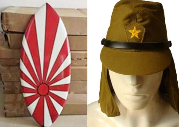 대형 온라인 쇼핑몰에서 판매 중인 욱일기 문양 보드(왼쪽)와 제2차 세계대전 당시 일본군 모자.   사진=서경덕 교수