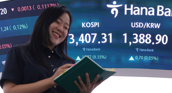 15일 서울 중구 하나은행 딜링룸 현황판에 코스피 지수 등이 표시되고 있다. 이날 코스피 지수는 전 거래일 대비 11.77포인트(0.35%) 오른 3407.31에, 코스닥은 5.61포인트(0.66%) 오른 852.69에 장을 마감했다. 사진=연합뉴스