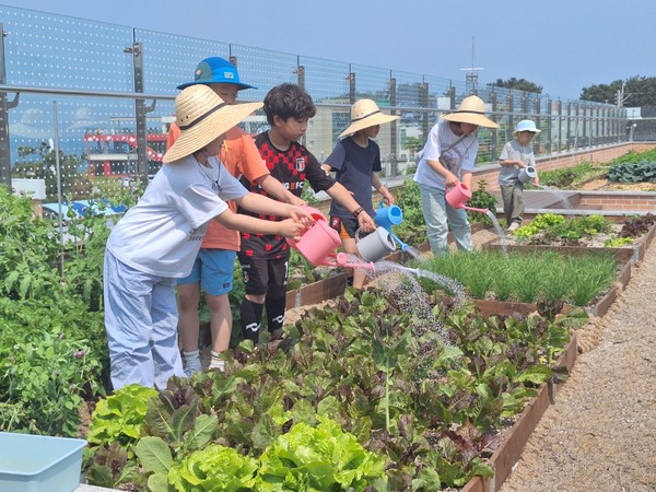 환경교육주간을 맞아 기후위기대응교육센터 프로그램에 참여한 학생들이 생태텃밭에 물울 주고 있다.