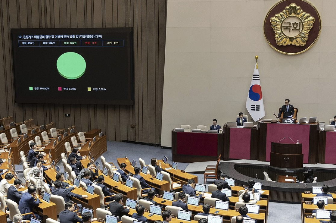 29일 국회 본회의에서 기후위기 특별위원회에서 논의됐던 온실가스 배출권의 할당 및 거래에 관한 법률 개정안 상정돼 여당 주도로 통과되고 있다. 사진=연합뉴스